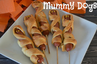 Mummy Dogs for Halloween Fun!  #recipe Halloween Dinner Ideas Creative Hot Dog meals Hot Dogs on Halloween Mummy Hot Dogs Recipe